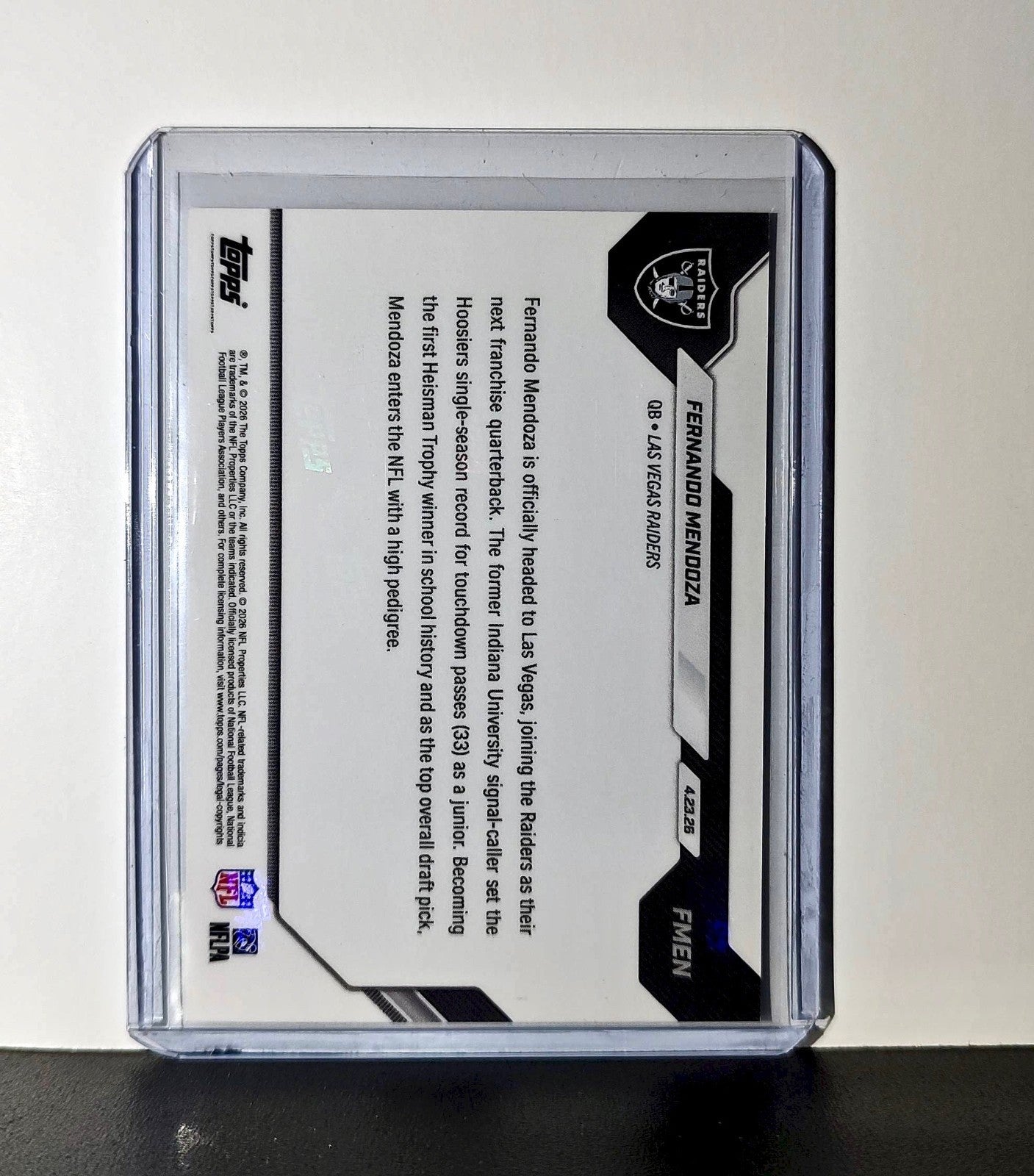 Fernando Mendoza Rookie 2026 Topps Now Draft Night #FMEN Card Las Vegas Raiders