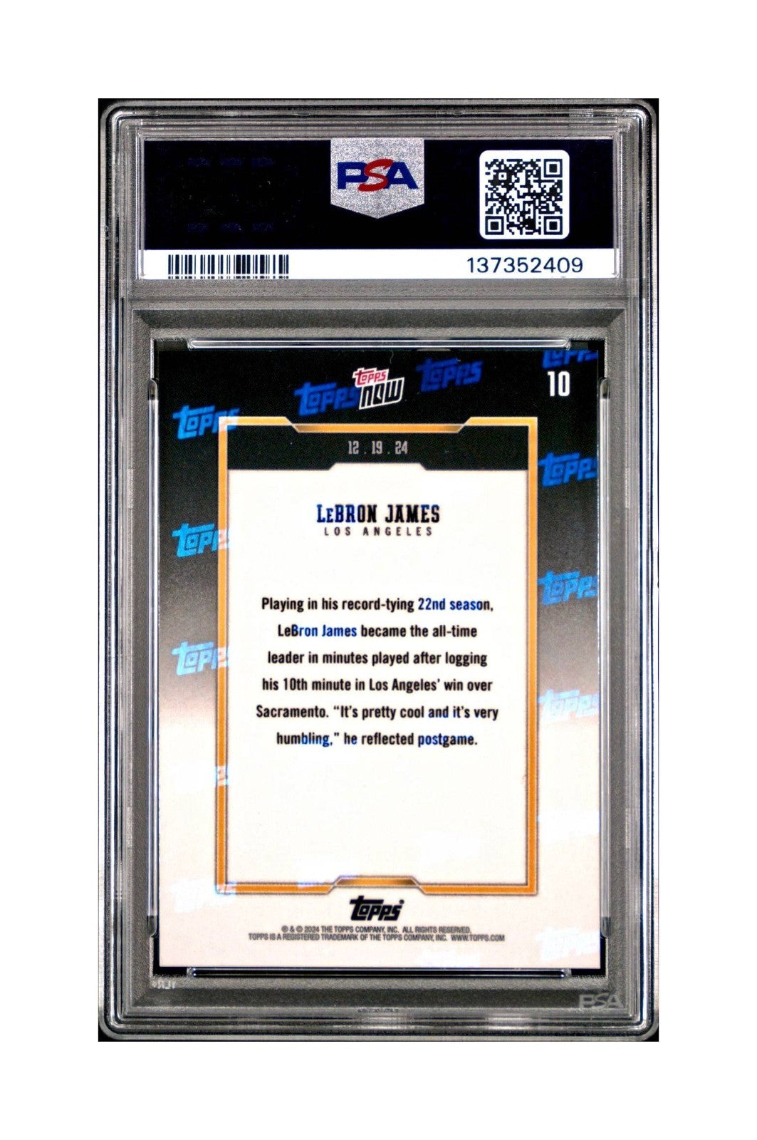 LeBron James 2024 Topps Now #10 All-Time Leader Minutes Played PSA 10 Gem Mint