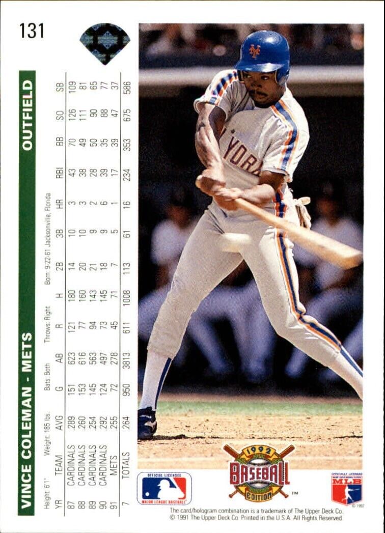 Vince Coleman 1992 Upper Deck MLB #131 Baseball Card New York Mets