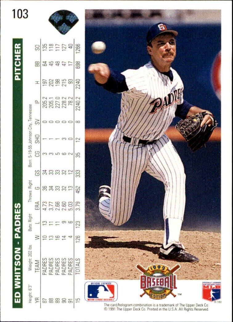 Ed Whitson 1992 Upper Deck MLB #103 Baseball Card San Diego Padres