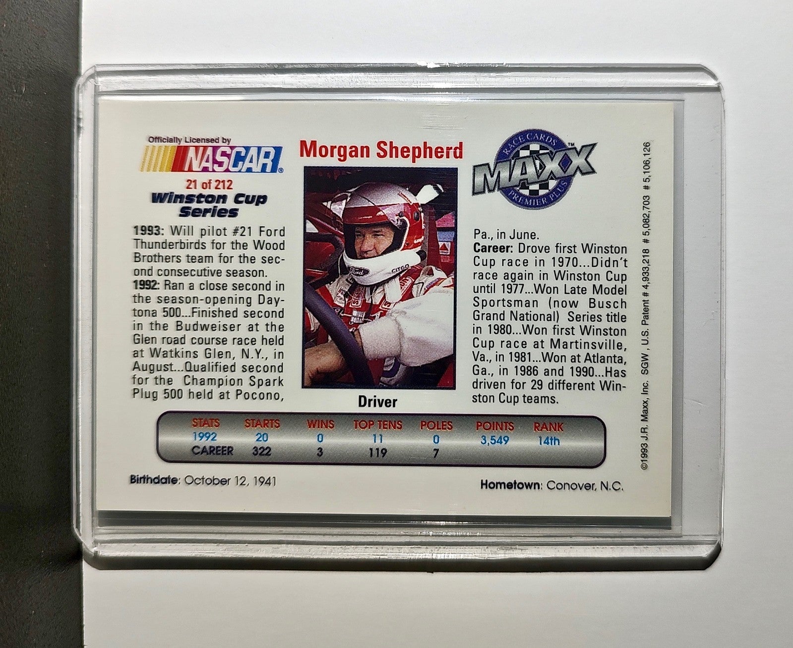 Morgan Shepherd 1993 Maxx Premier Plus Racing #21 NASCAR Wood Brothers Racing