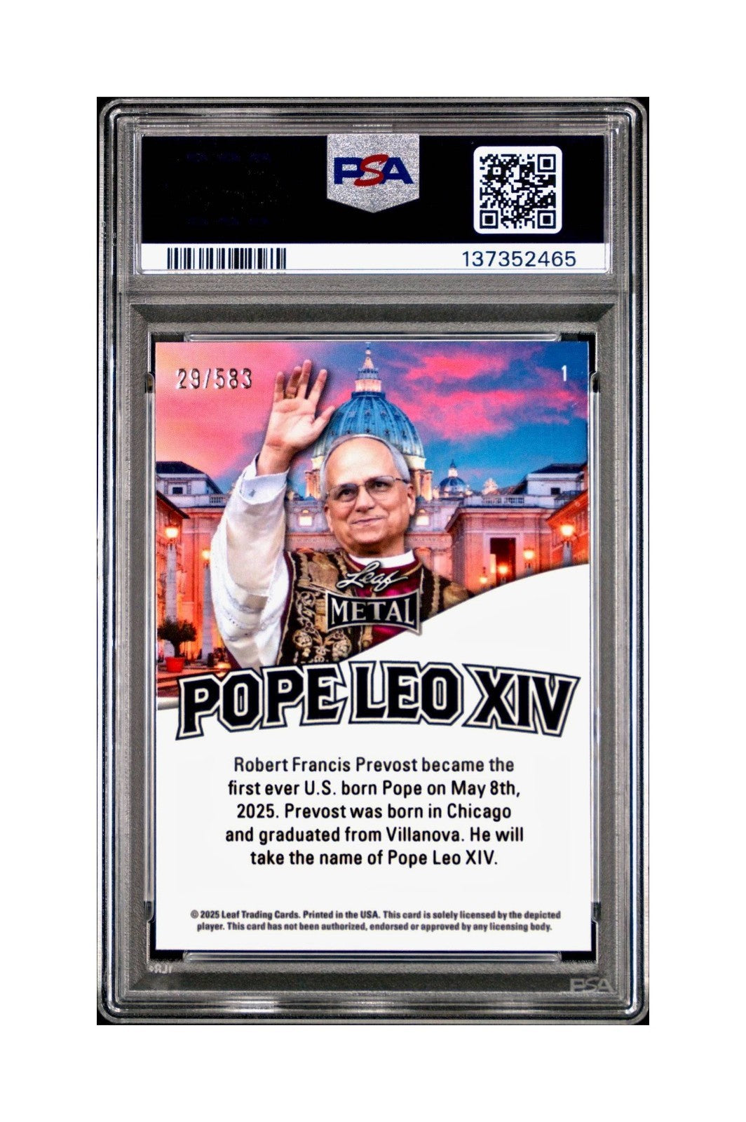 2025 Leaf Metal Pope Leo XIV 29/583 #1 Snow Variant PSA 9 Mint