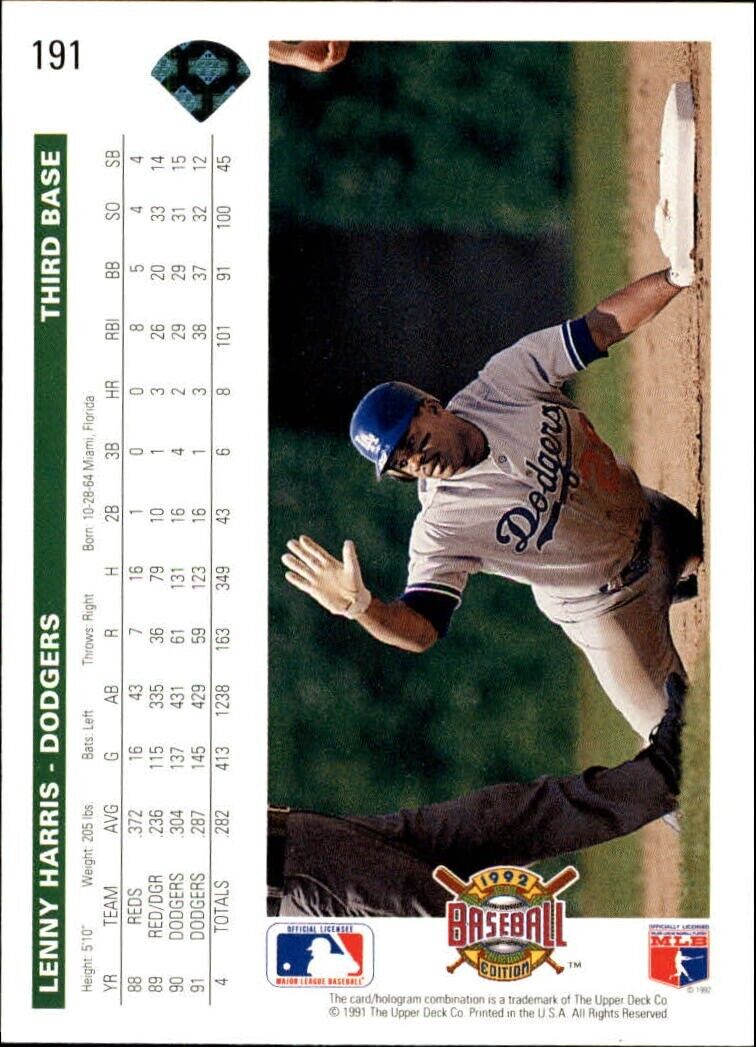 Lenny Harris 1992 Upper Deck MLB #191 Baseball Card Los Angeles Dodgers