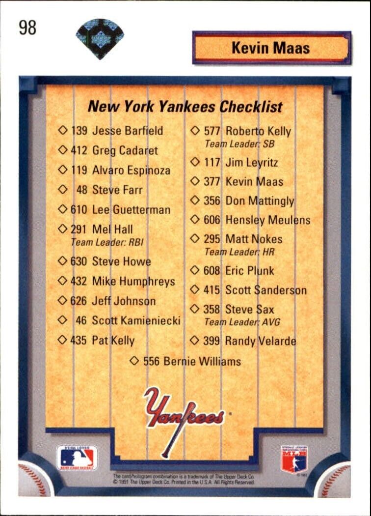 Kevin Maas 1992 Upper Deck MLB #98 Team Checklist Baseball Card New York Yankees