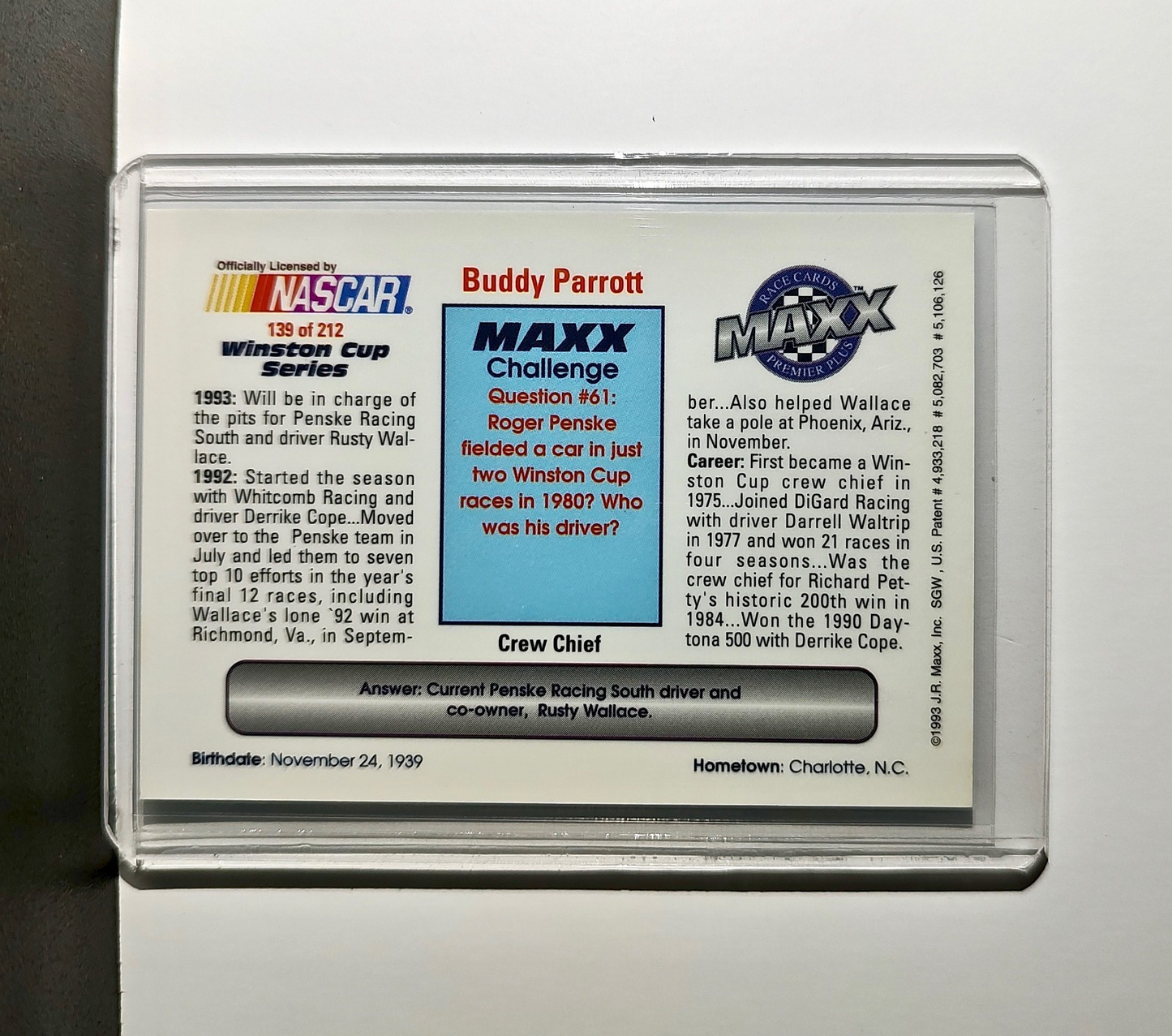 Buddy Parrott 1993 Maxx Premier Plus Racing #139 NASCAR Card Penske Racing South