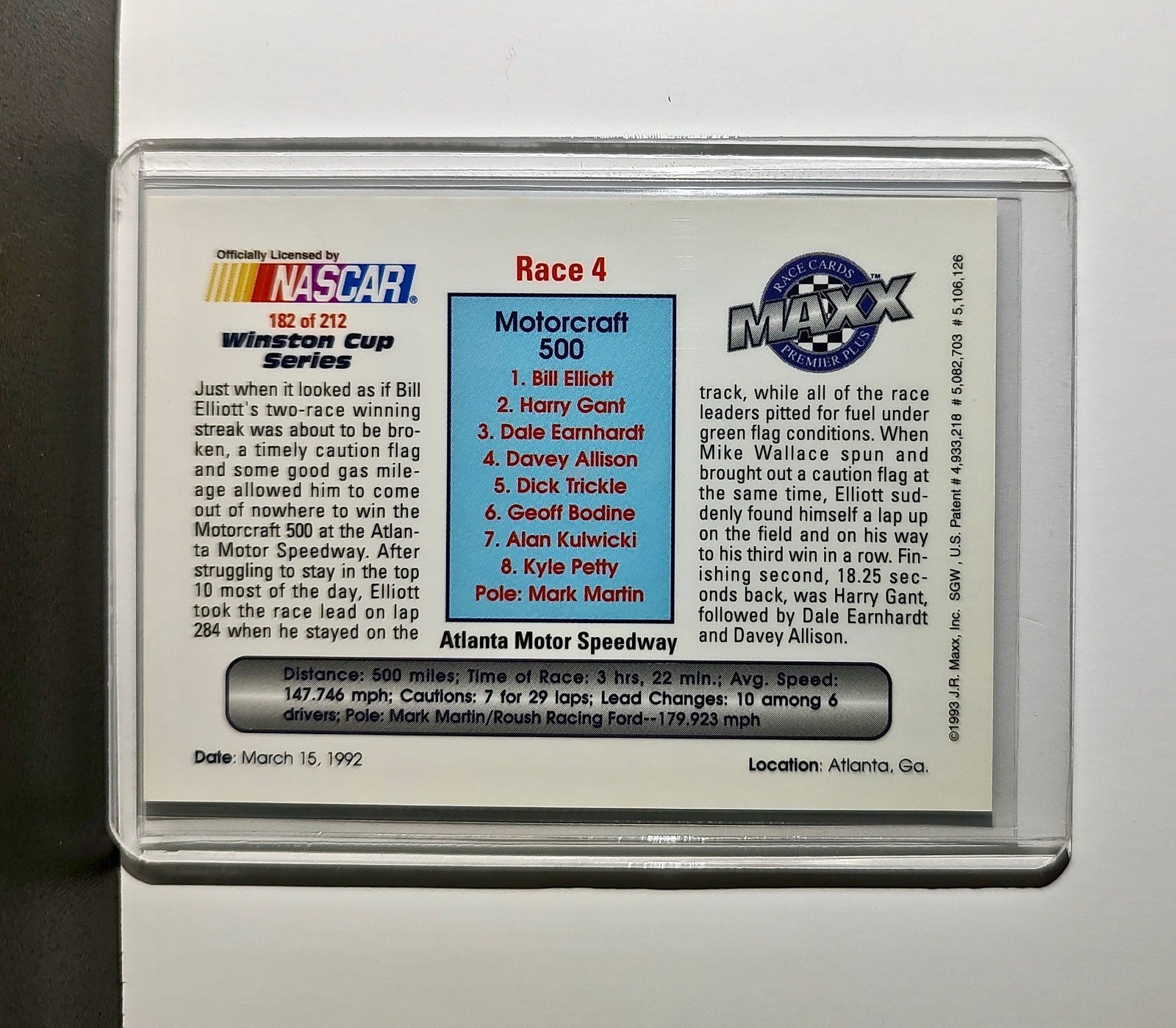 Race 4 Atlanta YR 1993 Maxx Premier Plus Racing #182 NASCAR Card Junior Johnson