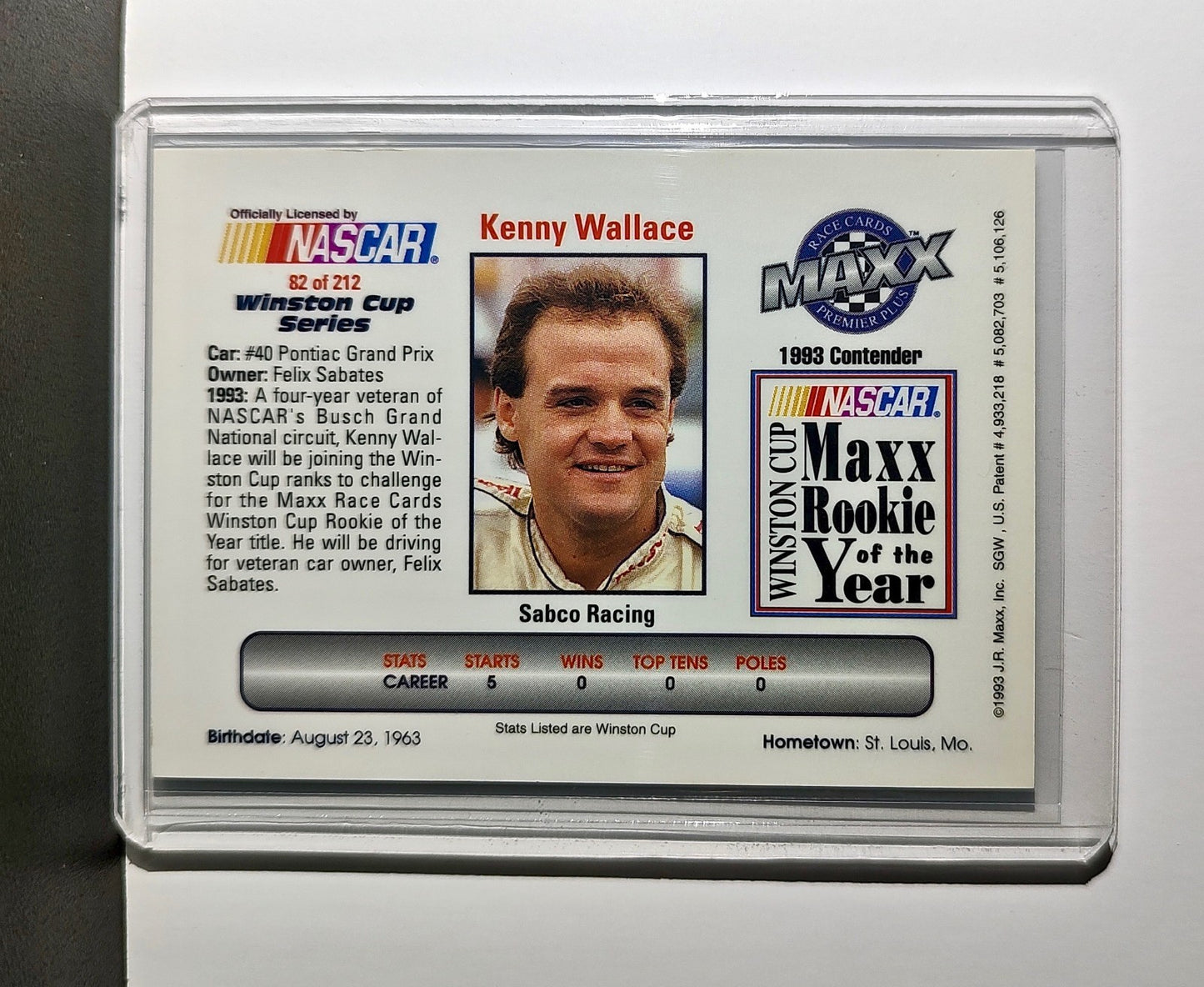 Kenny Wallace 1993 Maxx Premier Plus Racing #82 NASCAR Card SABCO Racing