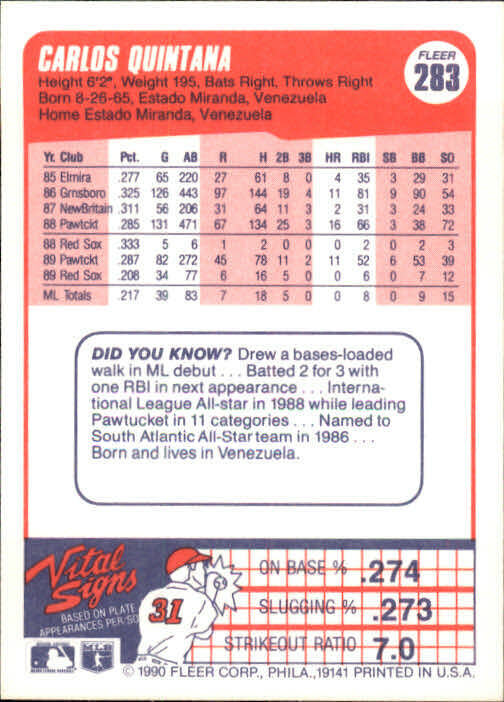 1990 Carlos Quintana Fleer Baseball Card #283