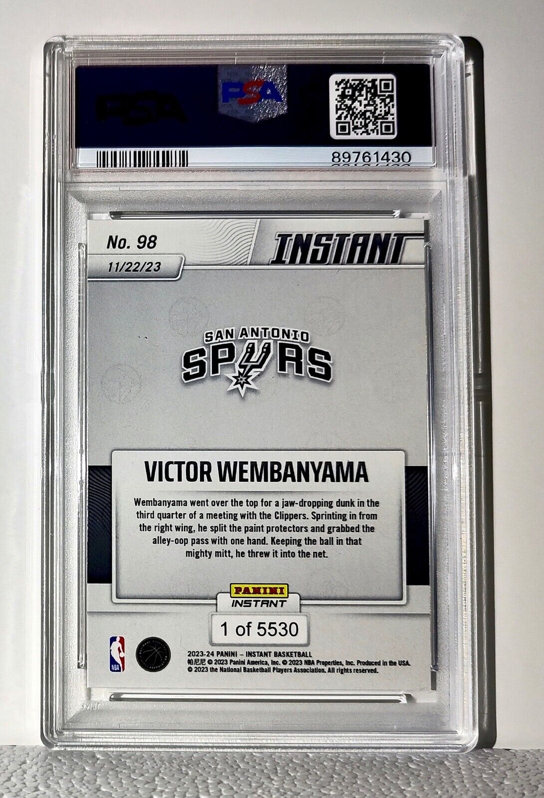 Victor Wembanyama 2023-24 Panini #98 NBA Rookie Card Spurs 1 of 5530 PSA 9 Mint