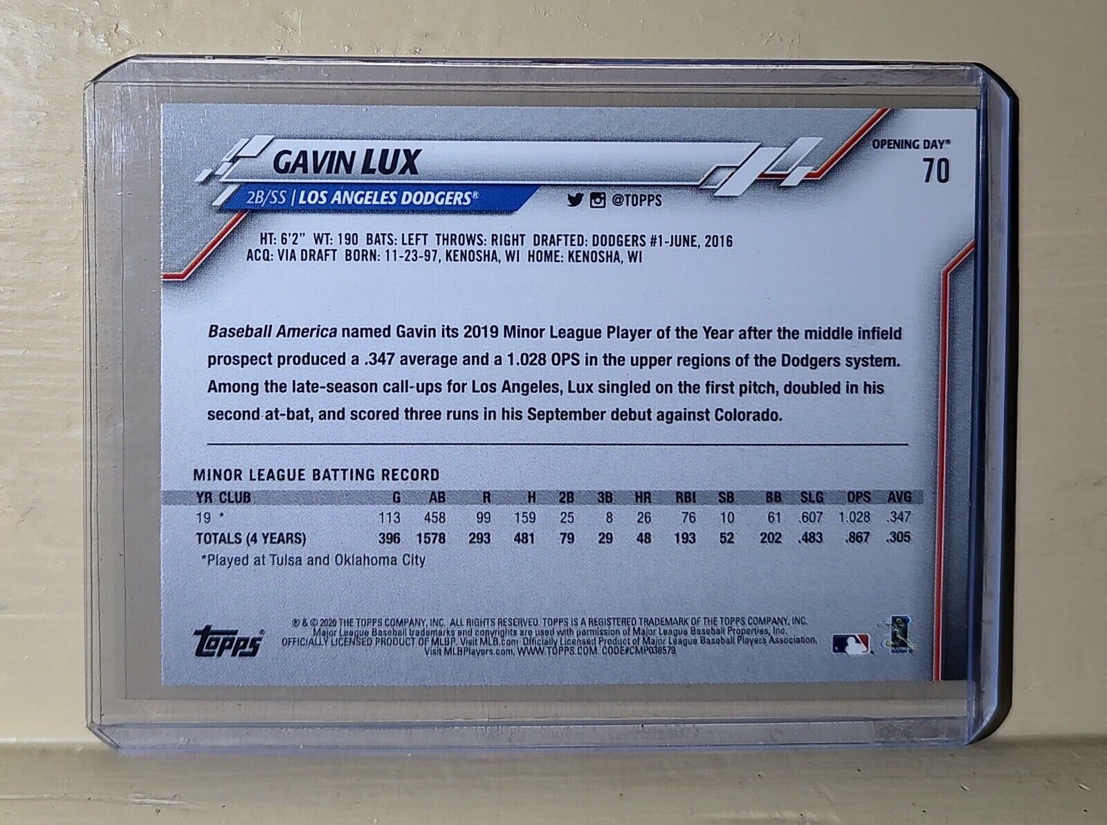 Gavin Lux 2019 Topps MLB 70 Opening Day Rookie Baseball Card Los Angeles Dodgers