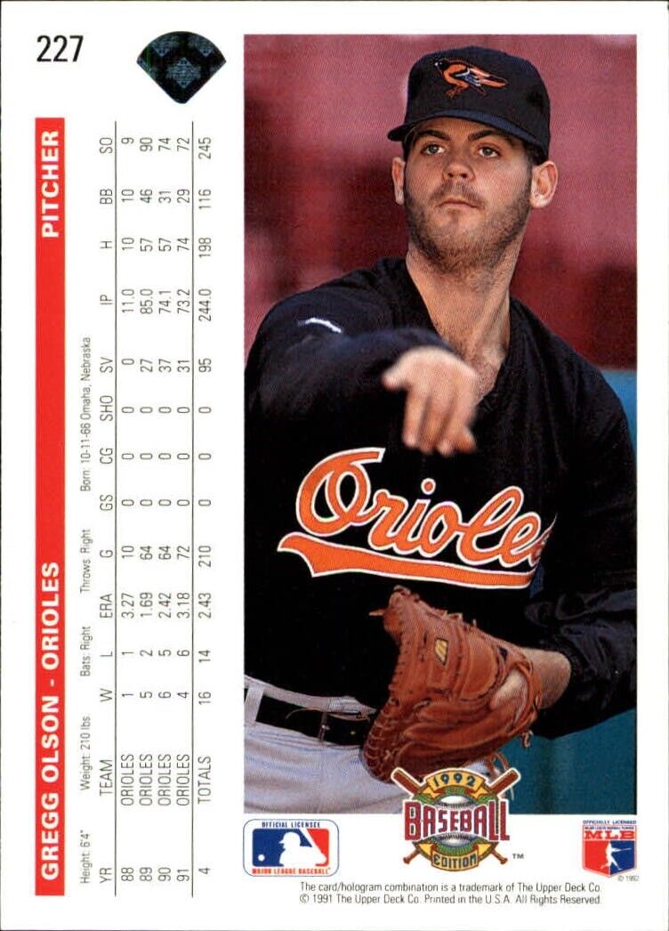 Gregg Olson 1992 Upper Deck MLB #227 Baseball Card Baltimore Orioles