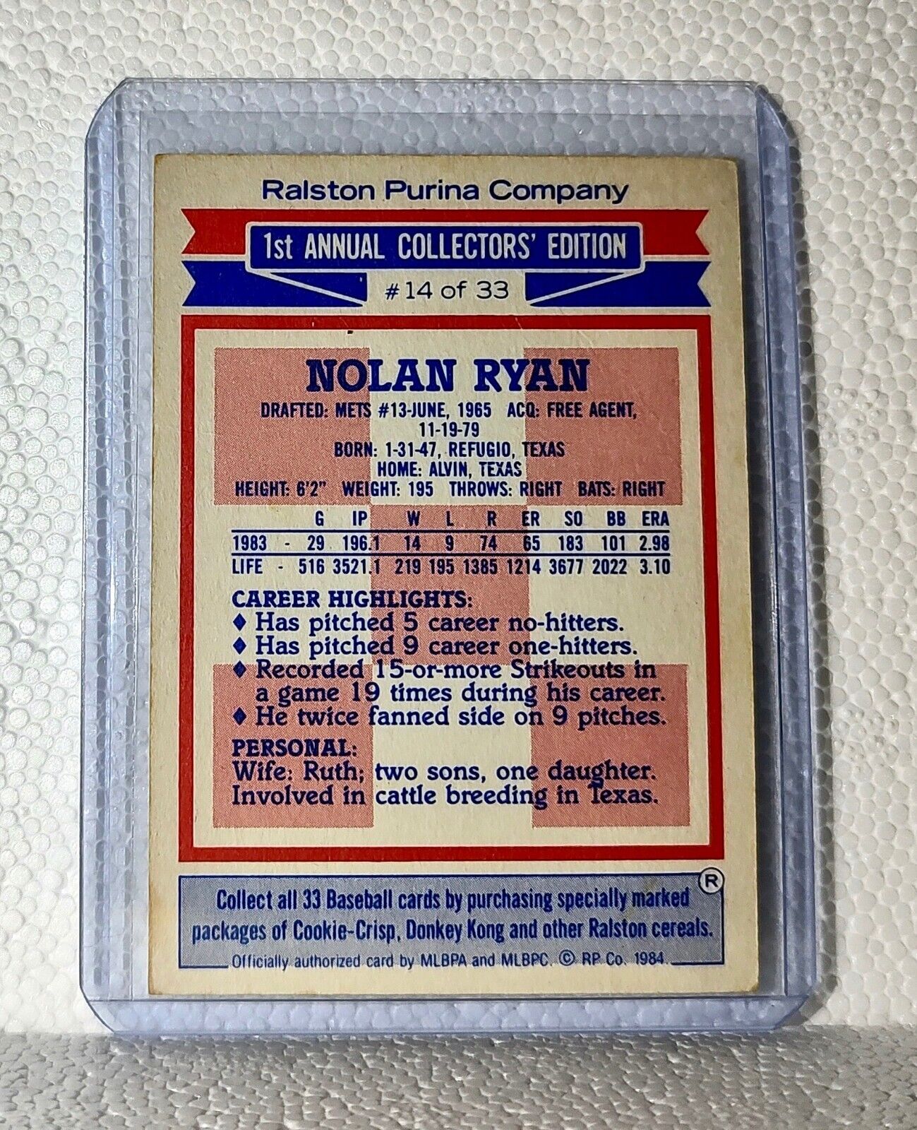 Nolan Ryan 1985 Purina MLB #14 Baseball Card Houston Astros