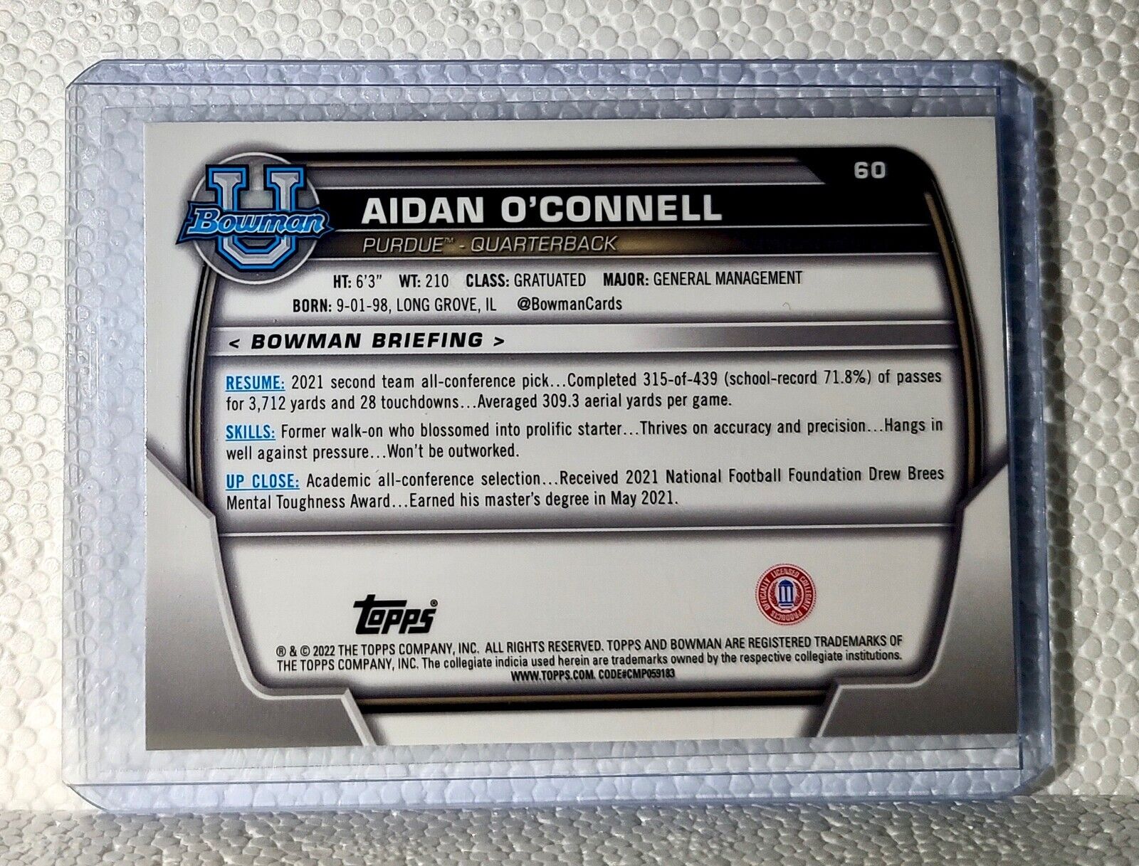 Aidan O'Connell 2022 Topps 1st Bowman U Football #60 Card Purdue