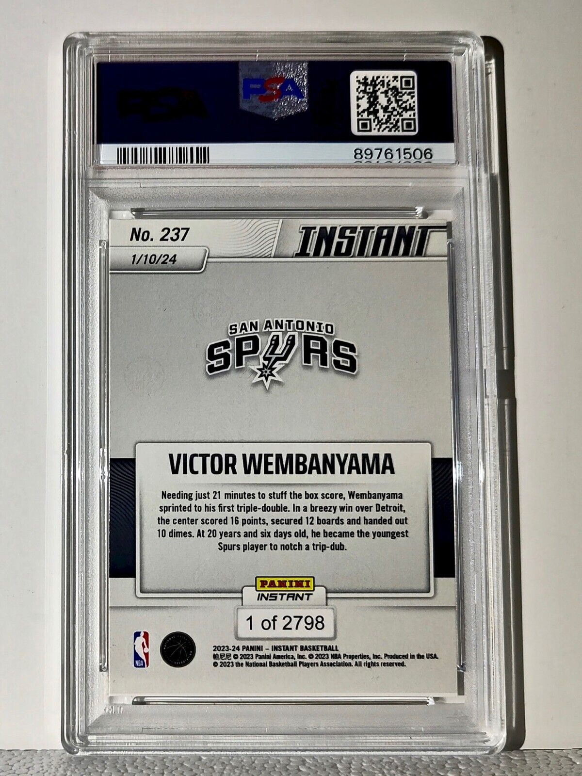 Victor Wembanyama 2023-24 Panini #237 NBA Milestone Rookie Card 1 of 2798 PSA 9