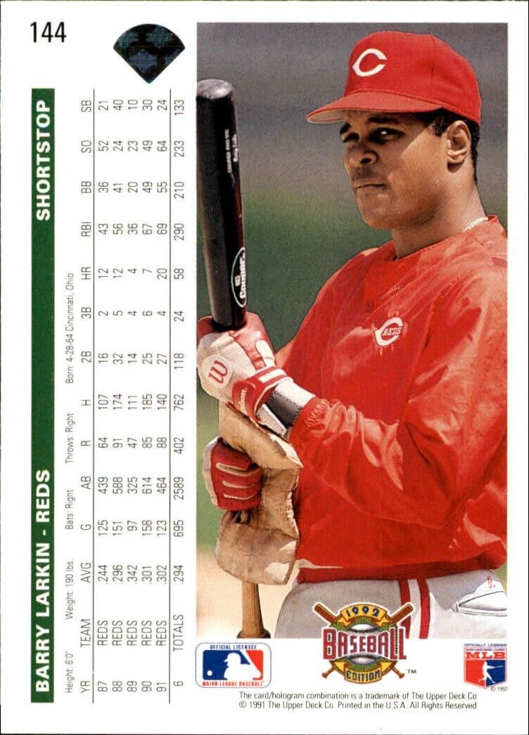 Barry Larkin 1992 Upper Deck MLB #144 Baseball Card Cincinnati Reds