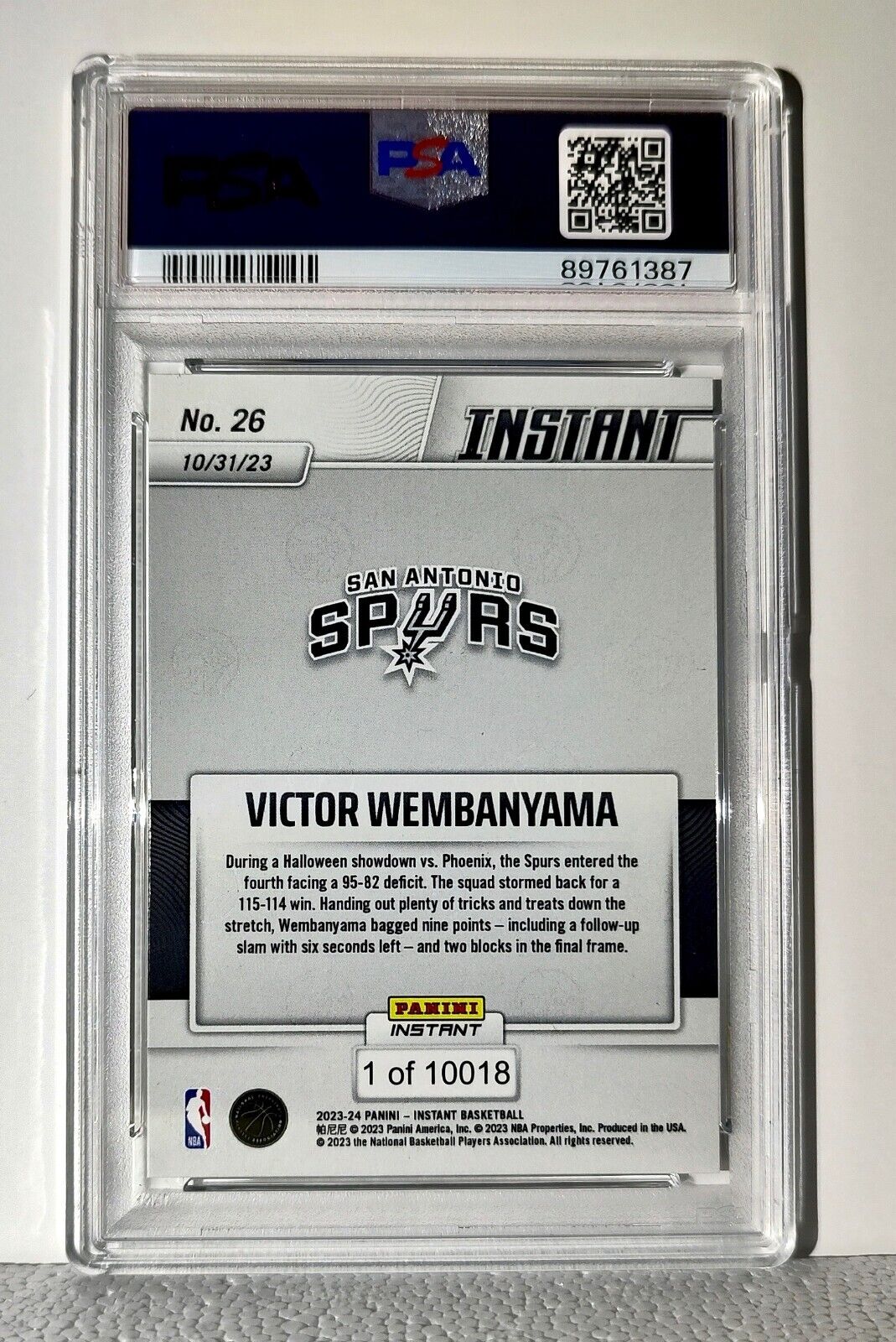 Victor Wembanyama 2023-24 Panini #26 NBA Rookie Card Spurs 1 of 10018 PSA 9 Mint