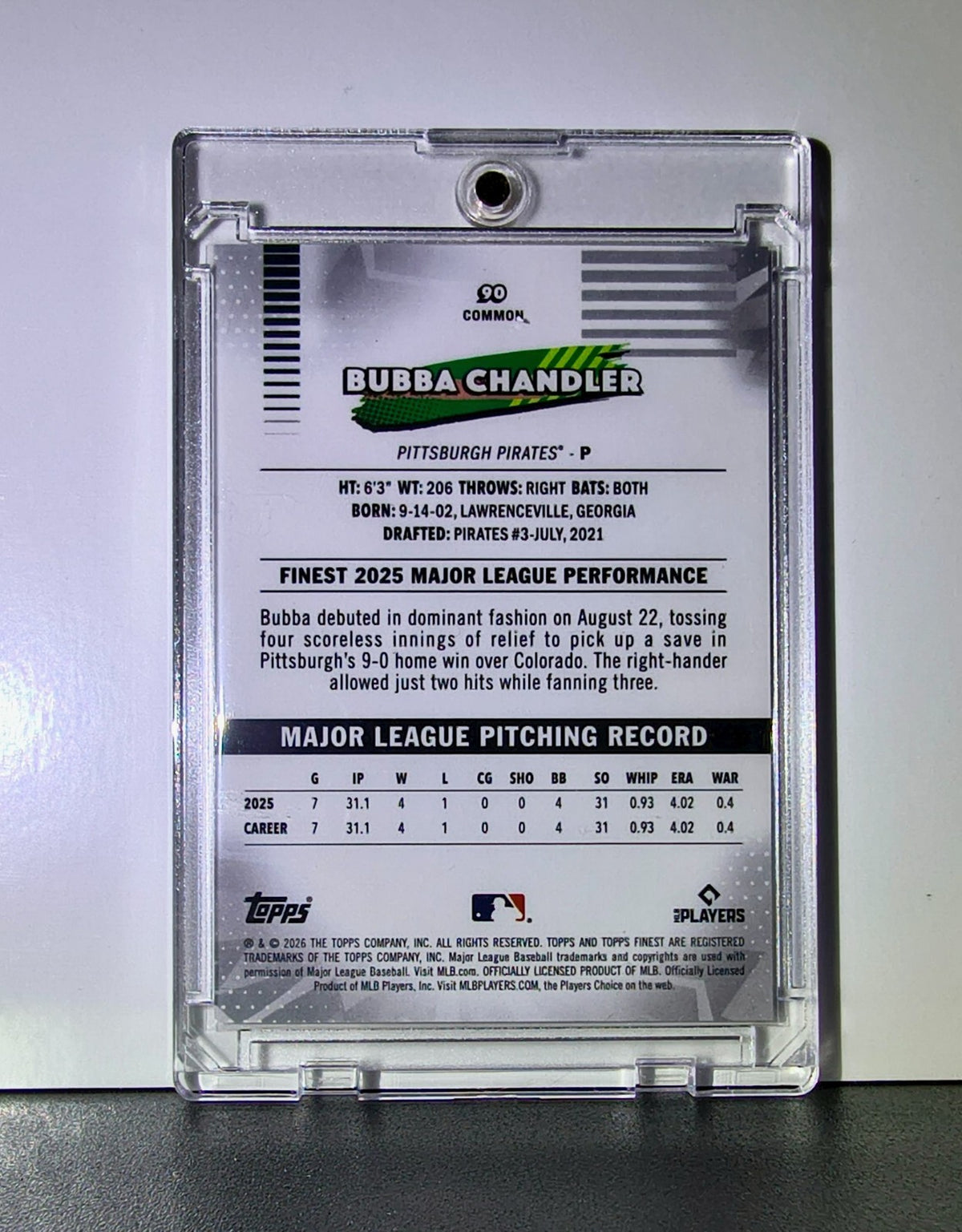 Bubba Chandler Rookie 2026 MLB Topps Finest #90 Common Baseball Card Pirates