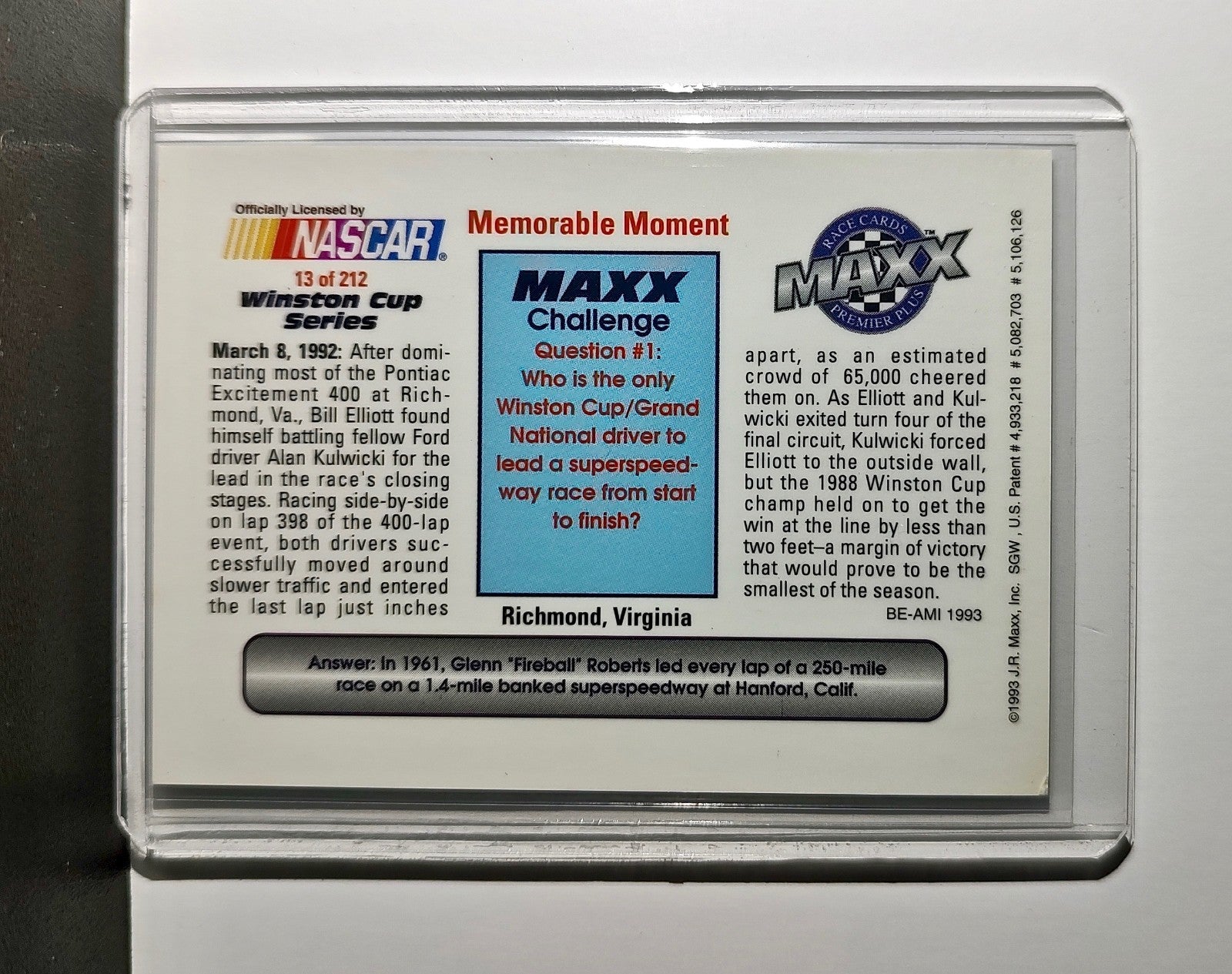 Memorable Moment 1993 Maxx Premier Plus Racing #13 NASCAR Card