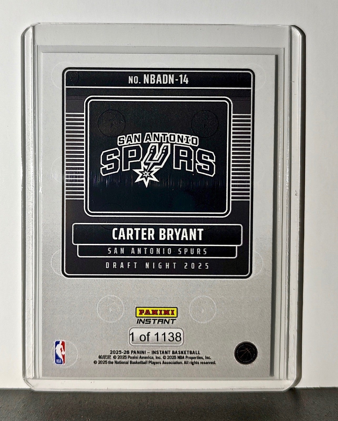 Carter Bryant Rookie 2025-26 Panini NBA #14 Draft Night Card San Antonio Spurs