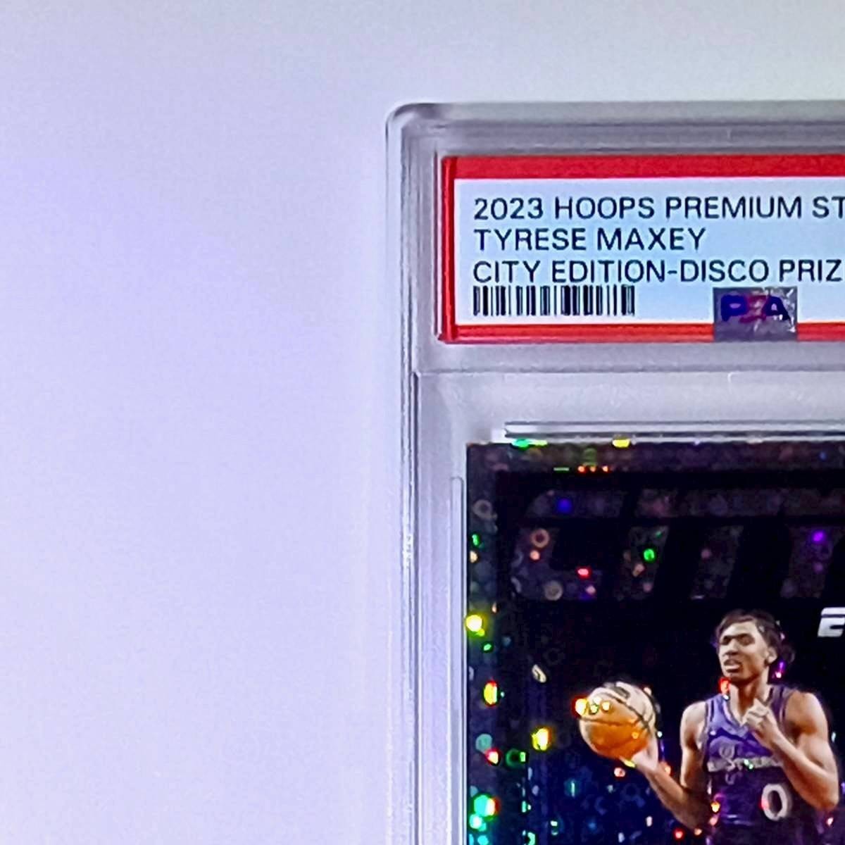 Tyrese Maxey 2023 NBA Panini Hoops Premium #18 City Edition Disco Prizm PSA 8