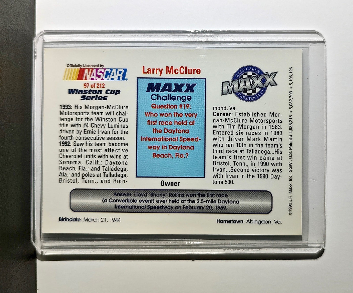 Larry McClure 1993 Maxx Premier Plus Racing 97 NASCAR Morgan-McClure Motorsports