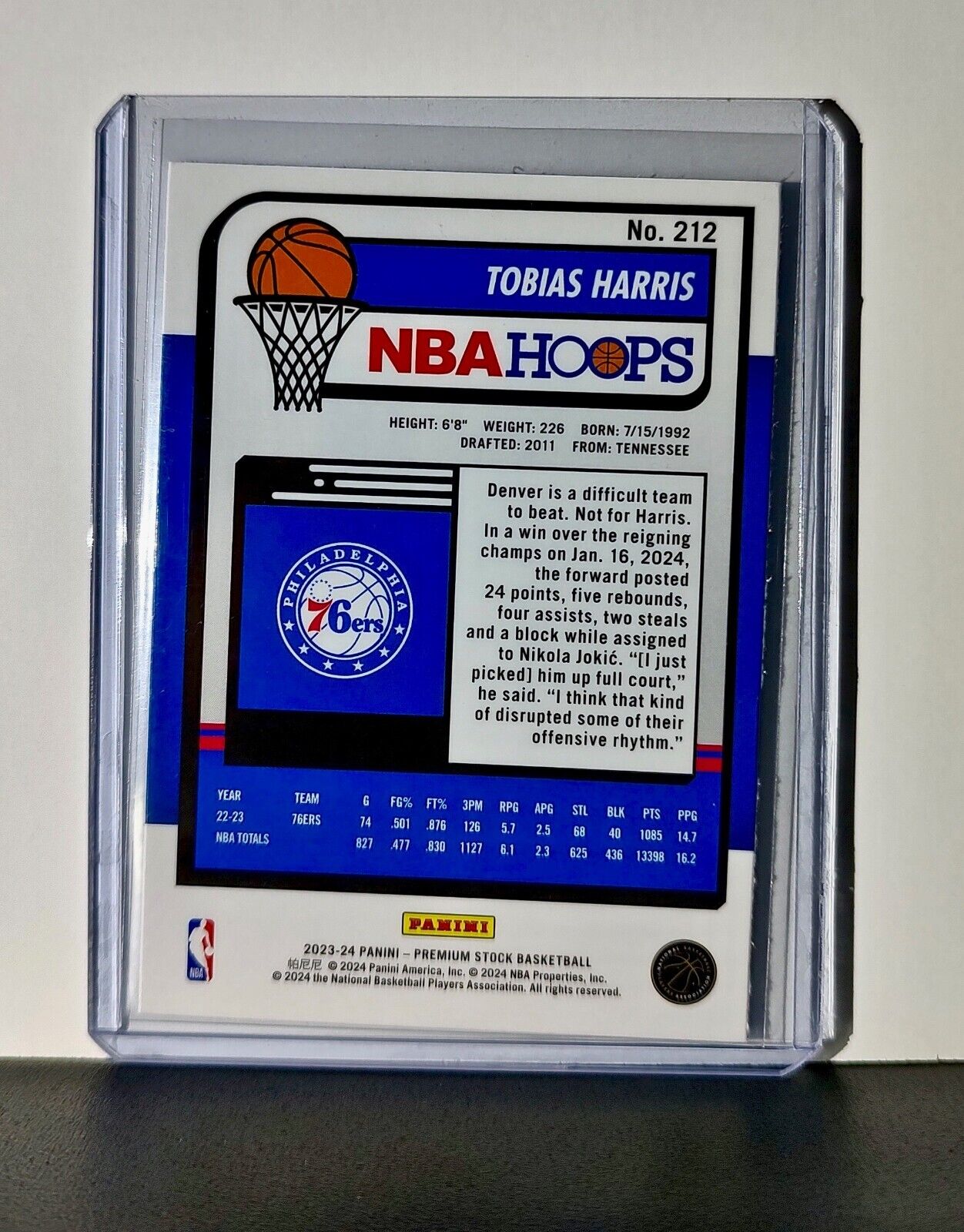 Tobias Harris 2023-24 Panini Premium Stock NBA Hoops #212 Card 76ers