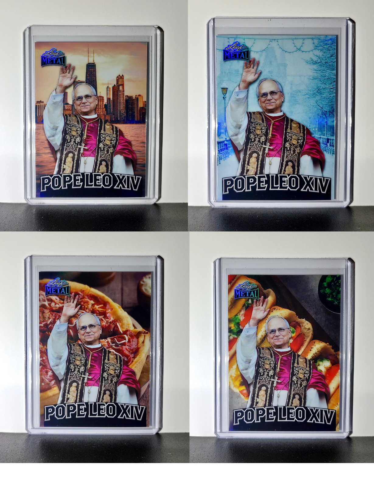Pope Leo XIV Leaf Metal Cards Set of 4 Pizza / Hot Dog / Skyline / Snow Variants