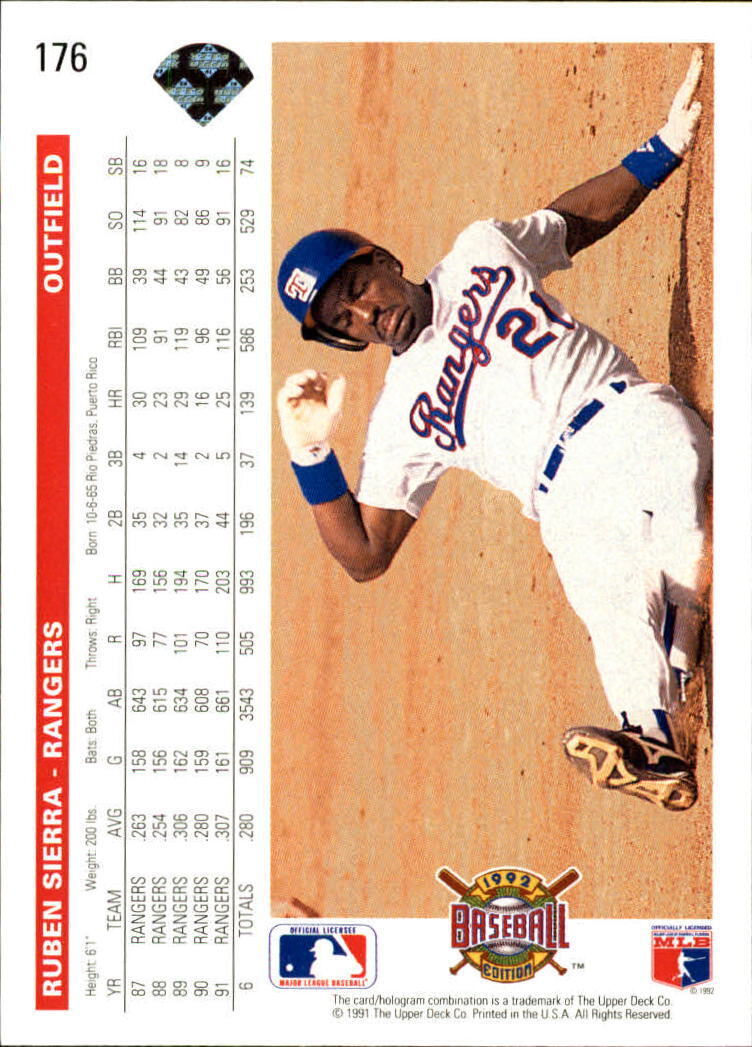 Ruben Sierra 1992 Upper Deck MLB #176 Baseball Card Texas Rangers