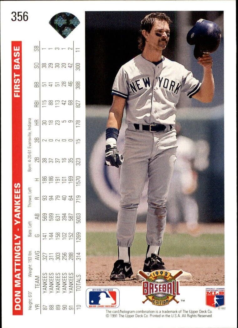 Don Mattingly 1992 Upper Deck MLB #356 Baseball Card New York Yankees