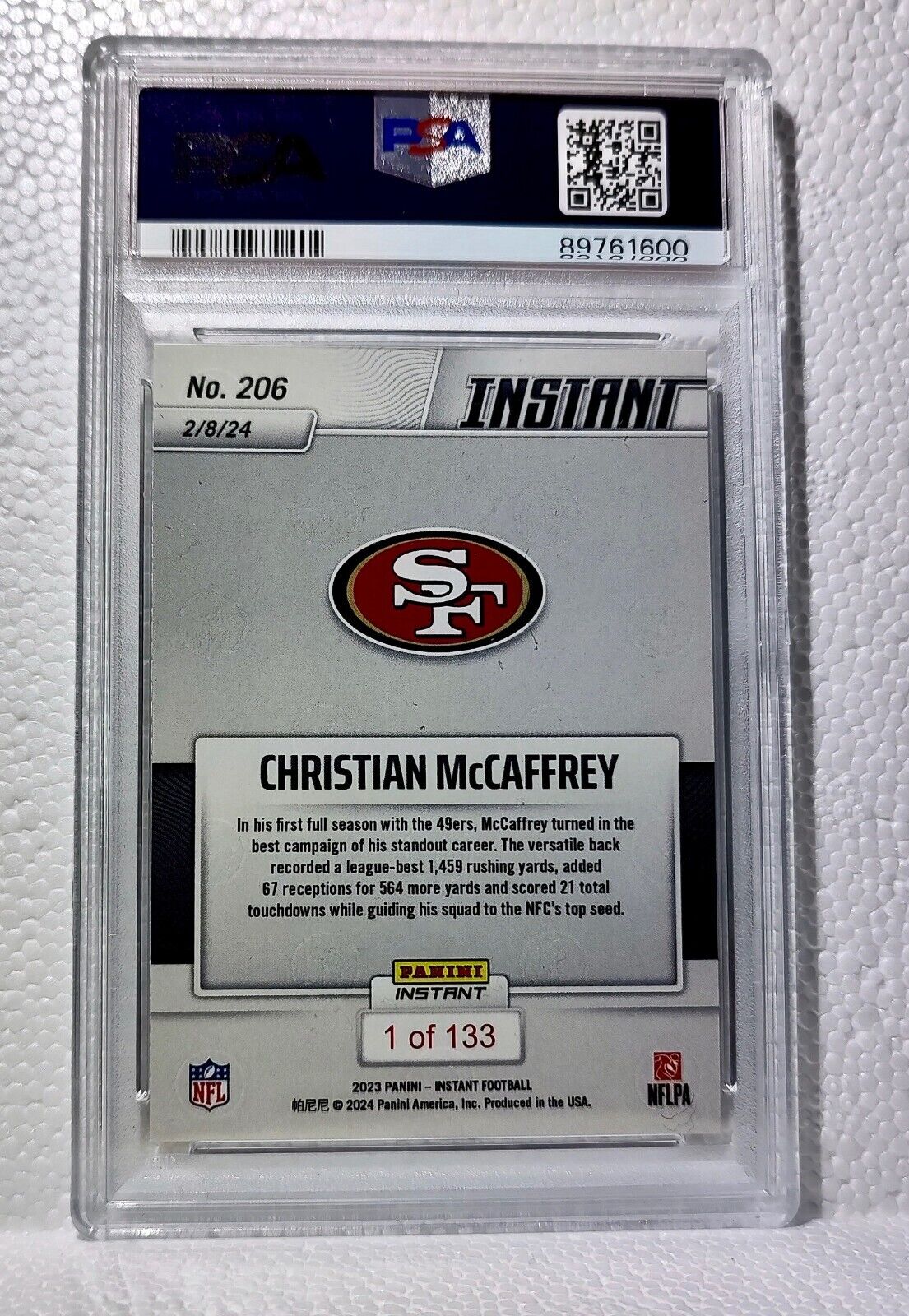 Christian McCaffrey 2023 Panini Offensive Player of the Year #206 Card PSA 8