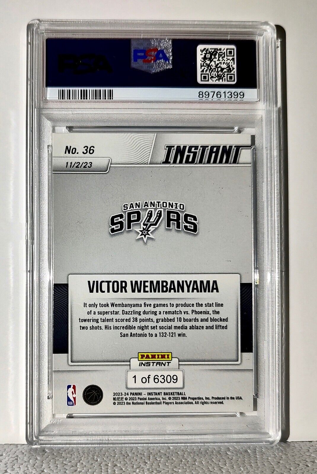 Victor Wembanyama 2023-24 Panini #36 NBA Rookie Card Spurs 1 of 6309 PSA 9 Mint