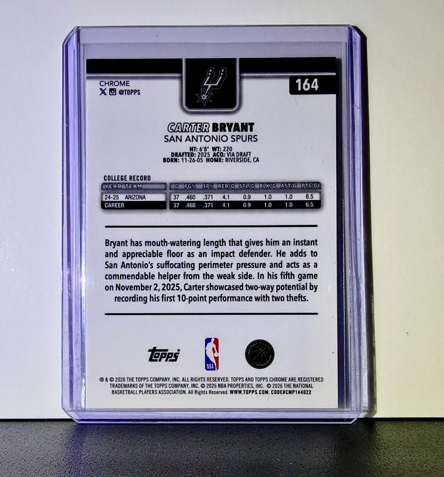 Carter Bryant Rookie 2025-26 NBA Topps Chrome Update #164 Card San Antonio Spurs