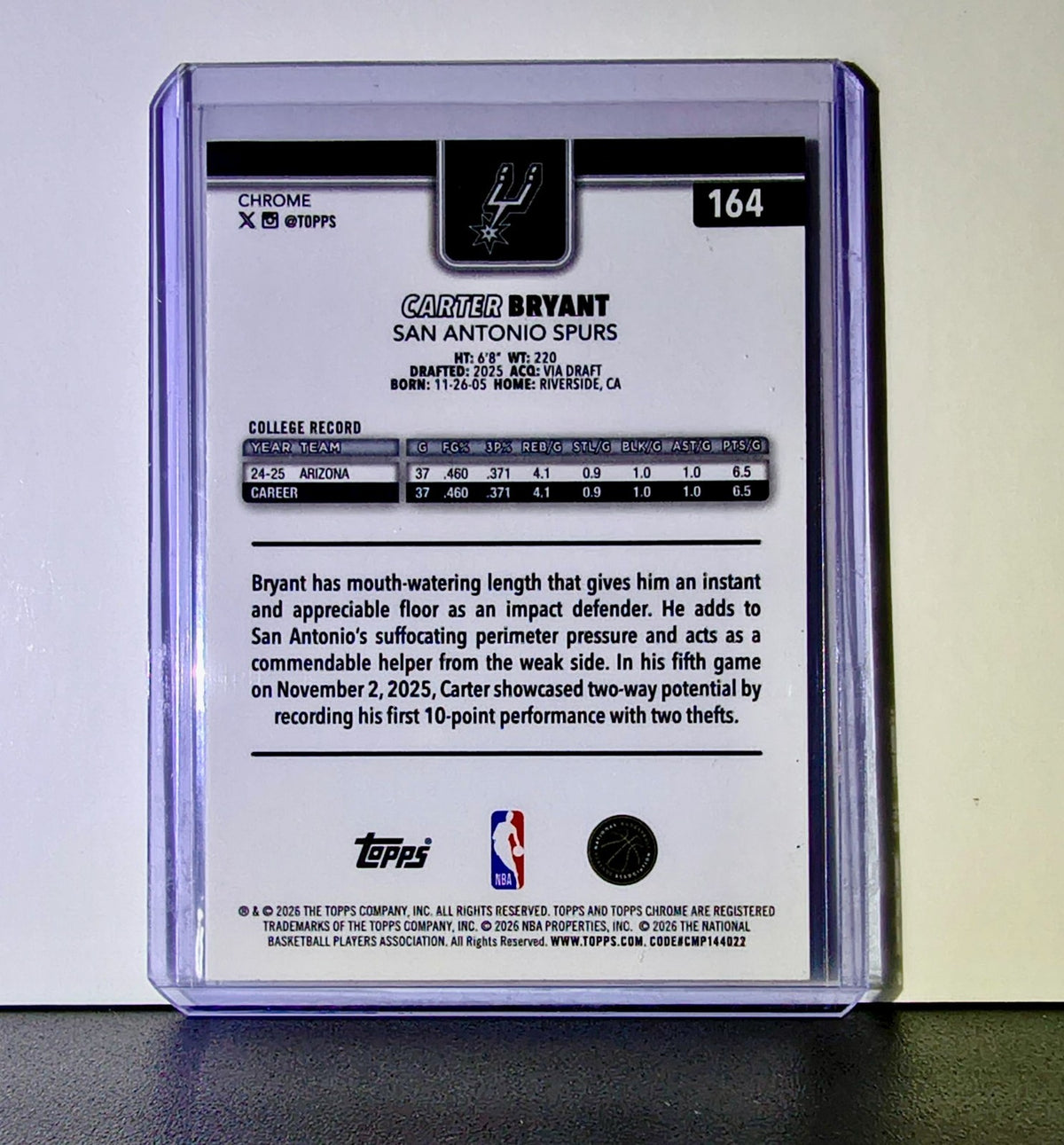 Carter Bryant Rookie 2025-26 NBA Topps Chrome Update #164 Card San Antonio Spurs