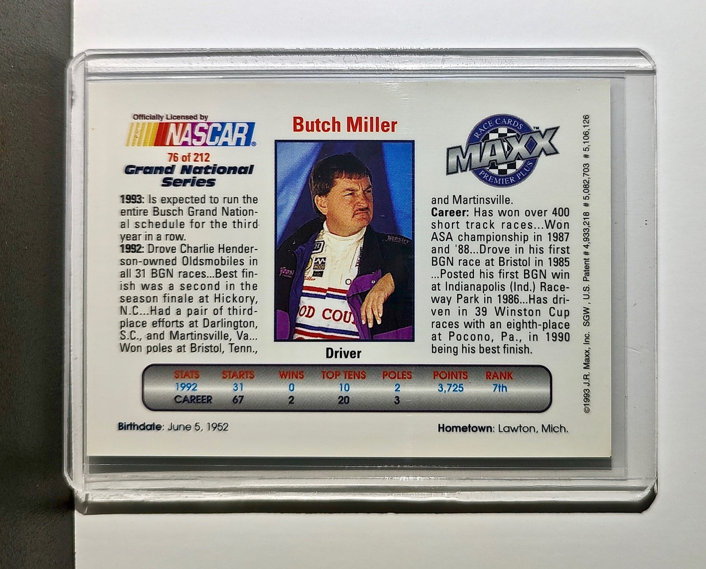 Butch Miller 1993 Maxx Premier Plus Racing #76 NASCAR Card Henderson Motorsports