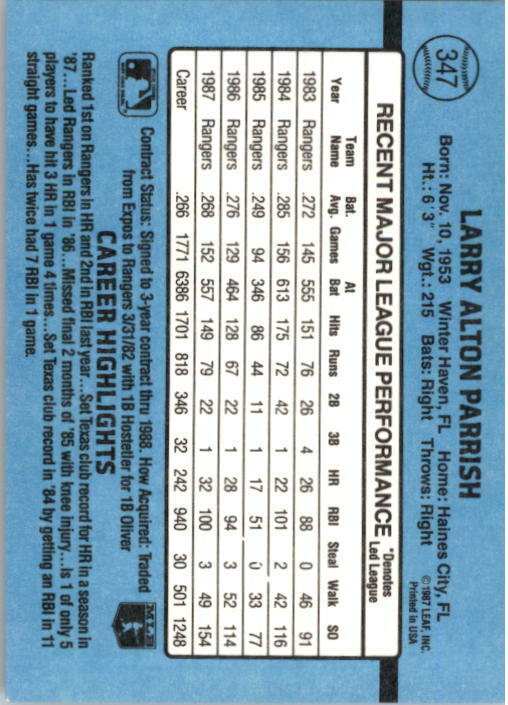 1988 Larry Parrish Donruss Baseball Card #347