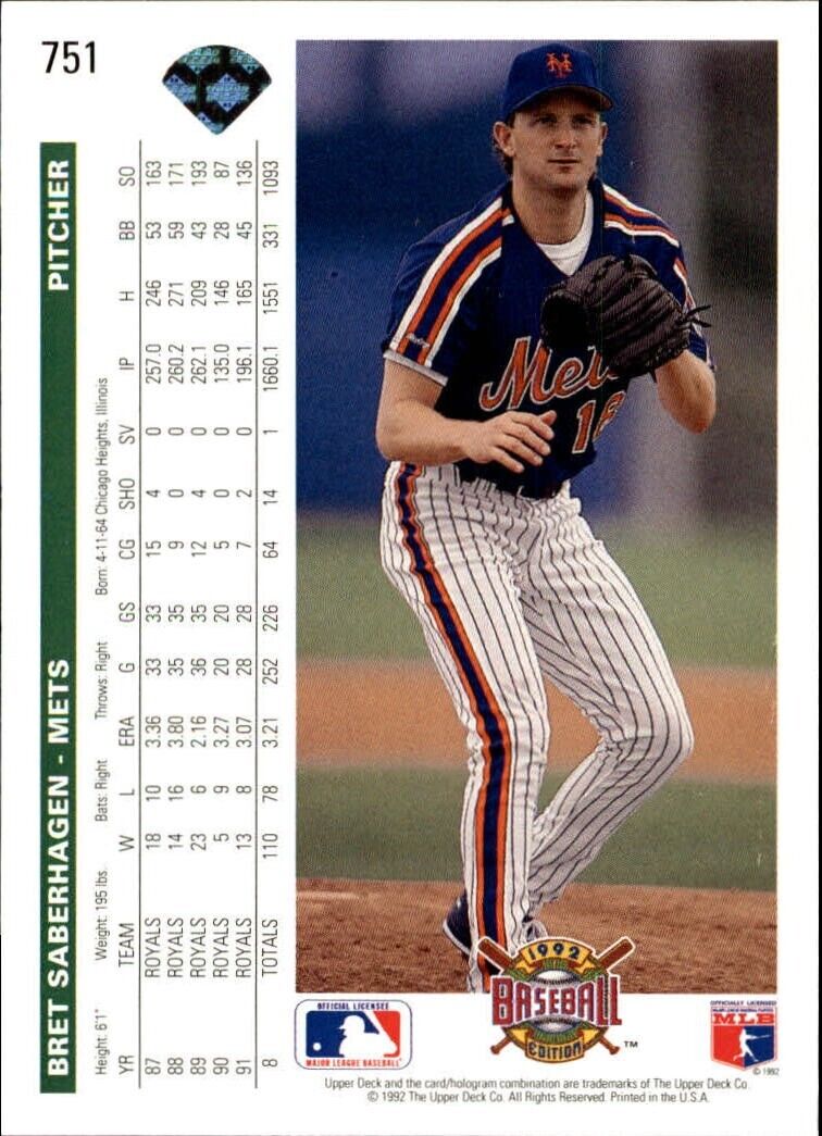 Bret Saberhagen 1992 Upper Deck MLB #751 Baseball Card New York Mets