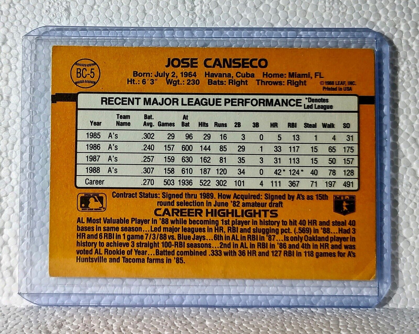 Jose Canseco 1989 Donruss MLB #BC-5 Baseball Card Oakland Athletics