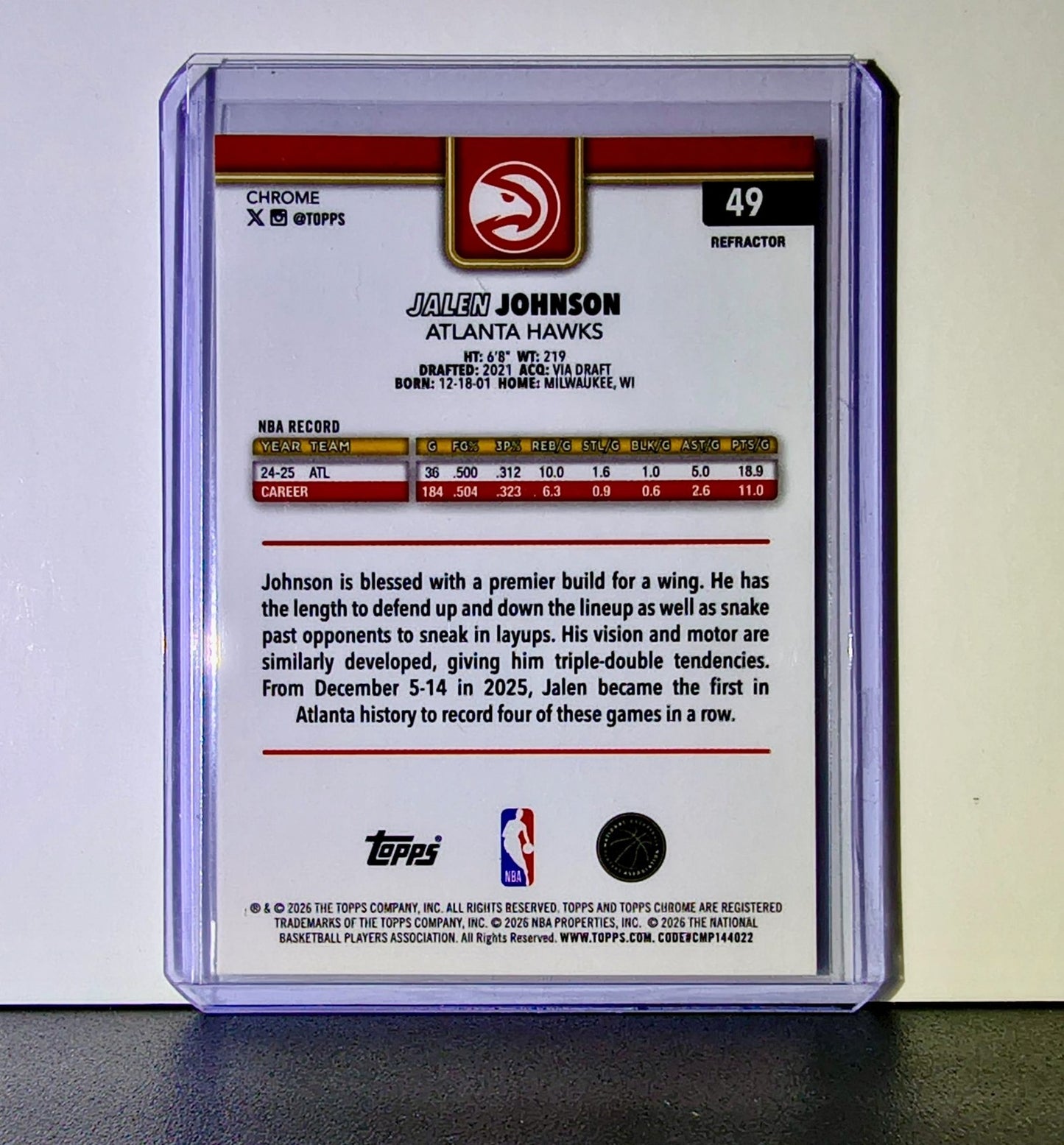Jalen Johnson 2025-26 NBA Topps Chrome Update Refractor #49 Card Atlanta Hawks