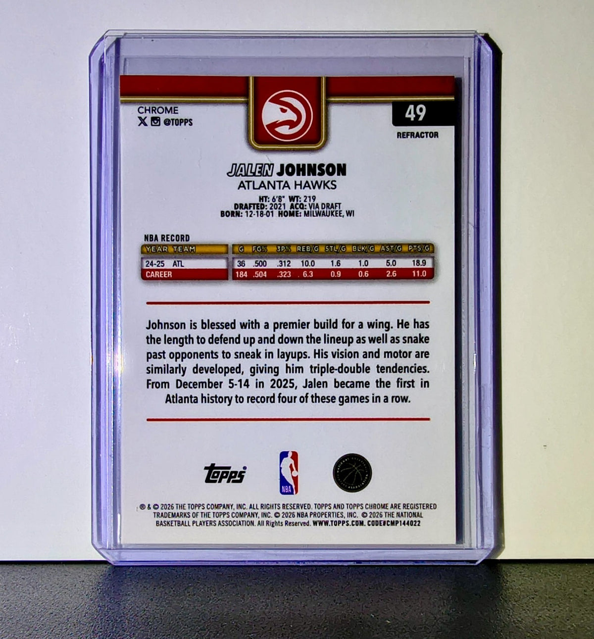 Jalen Johnson 2025-26 NBA Topps Chrome Update Refractor #49 Card Atlanta Hawks