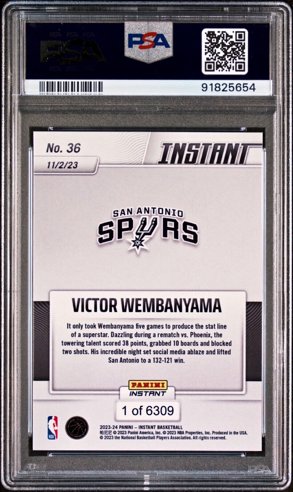 Victor Wembanyama 2023-24 Panini #36 NBA Rookie Card Spurs 1 of 6309 PSA 9 Mint