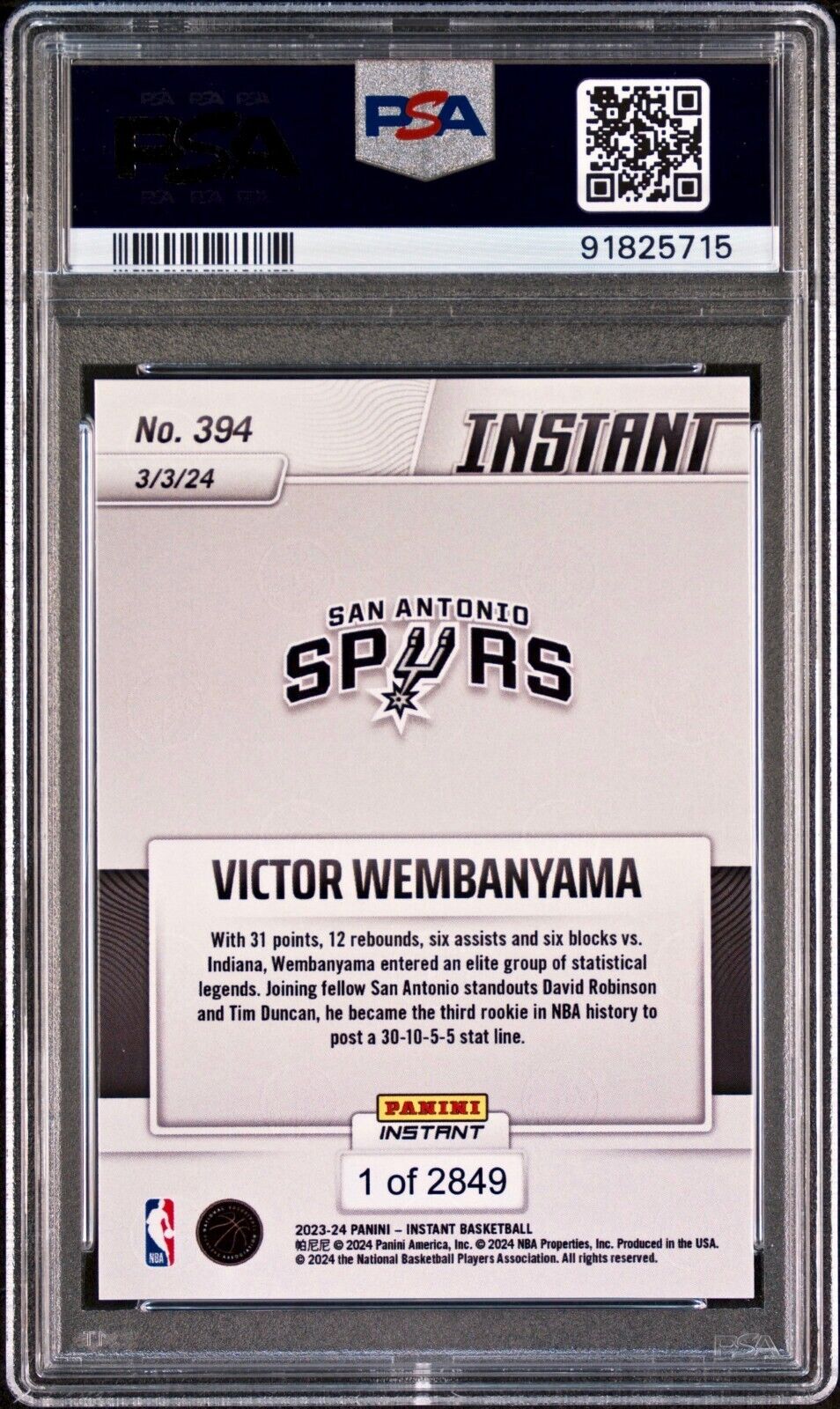 Victor Wembanyama 2023-24 Panini #394 NBA Rookie Card 1 of 2849 PSA 9 MINT
