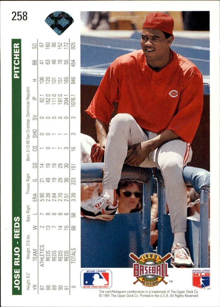 Jose Rijo 1992 Upper Deck MLB #258 Baseball Card Cincinnati Reds