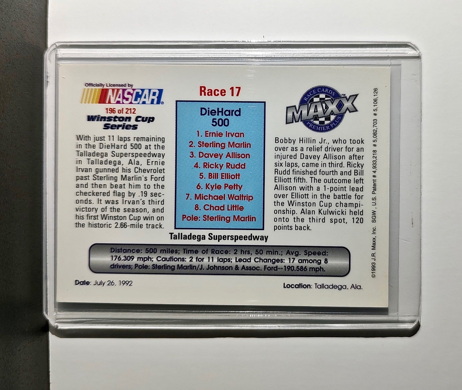 Race 17 Talladega YR 1993 Maxx Premier Plus Racing #196 NASCAR Card