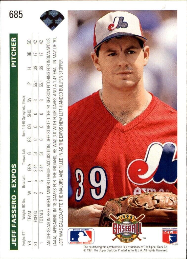 Jeff Fassero 1992 Upper Deck MLB #685 Baseball Card Montreal Expos
