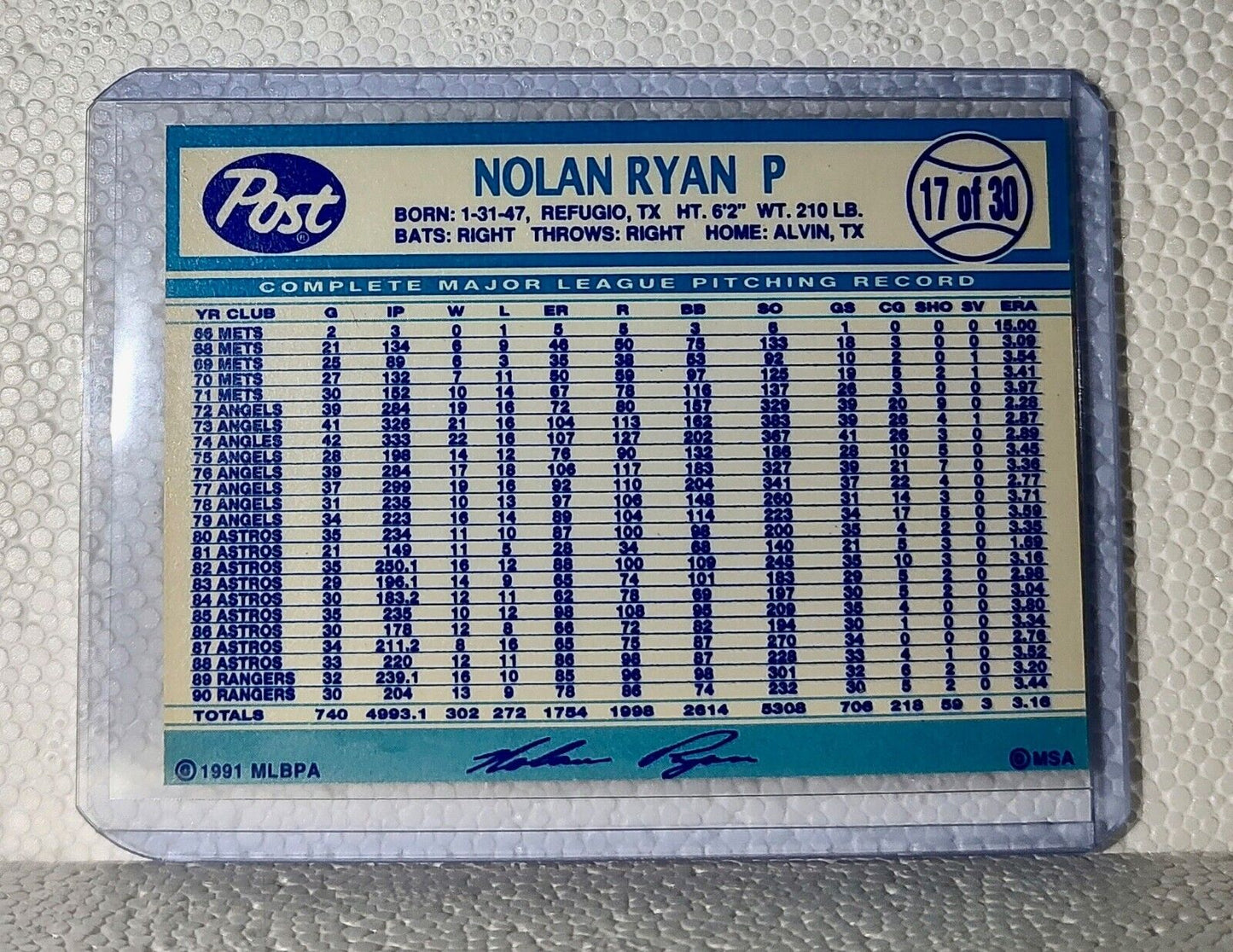 Nolan Ryan 1991 Post MLB #17 Baseball Card Texas Rangers