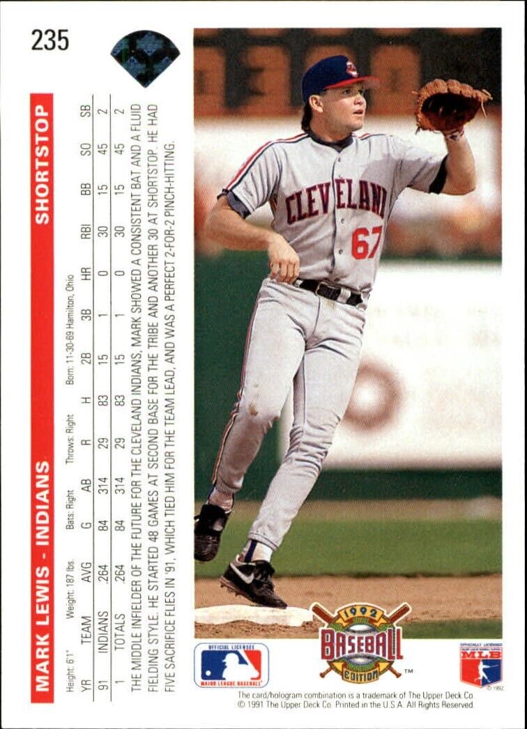 Mark Lewis 1992 Upper Deck MLB #235 Baseball Card Cleveland Indians