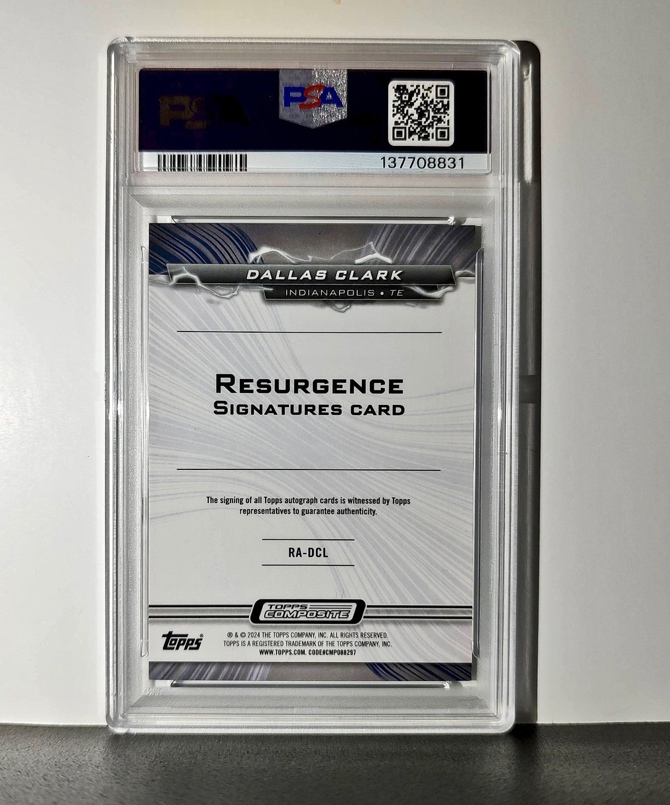 Dallas Clark 2023 Topps Resurgence #RA-DCL White Surge 38/125 PSA 9 Auto 10