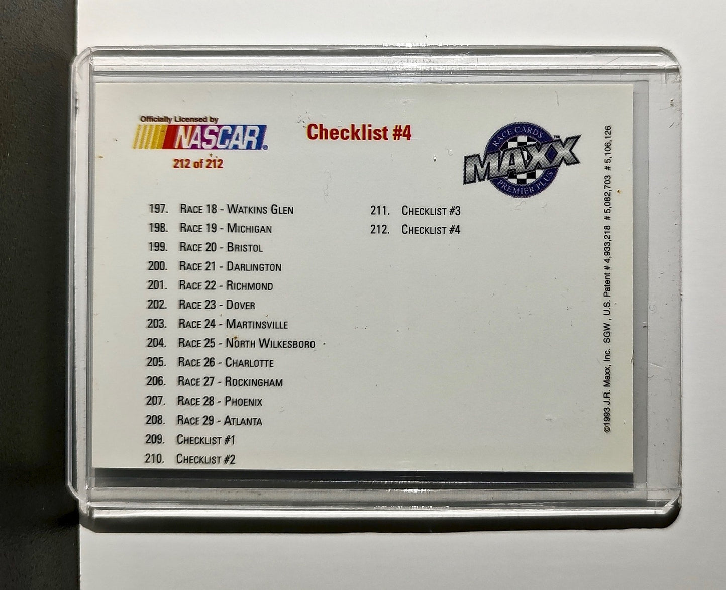 Checklist #4 Checklist 1993 Maxx Premier Plus Racing #212 NASCAR Card
