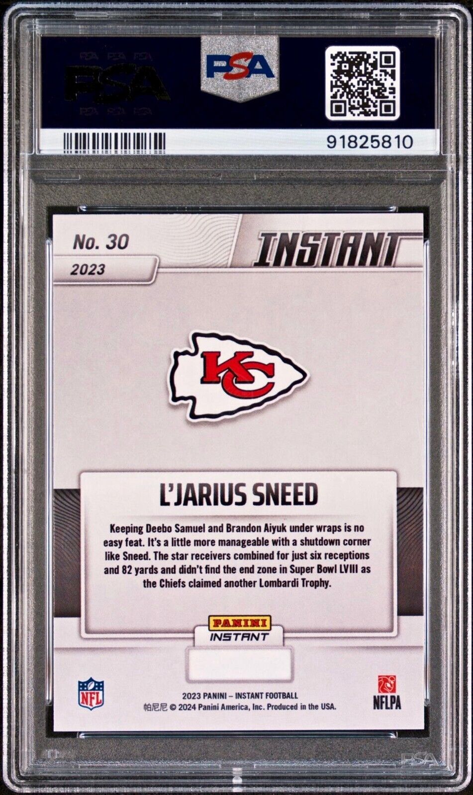 L'Jarius Sneed 2023 Panini NFL Superbowl Champions #30 Card PSA 10 Gem Mint