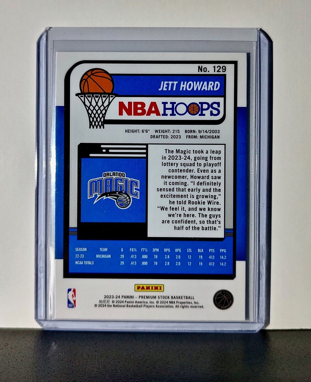 Jett Howard 2023-24 Panini Premium Stock NBA Hoops #129 Card Rookie Magic